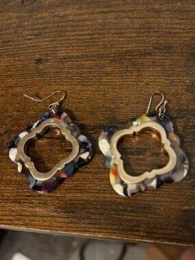 Cute Gold Tone & Multicolored Acrylic Hook Earrings